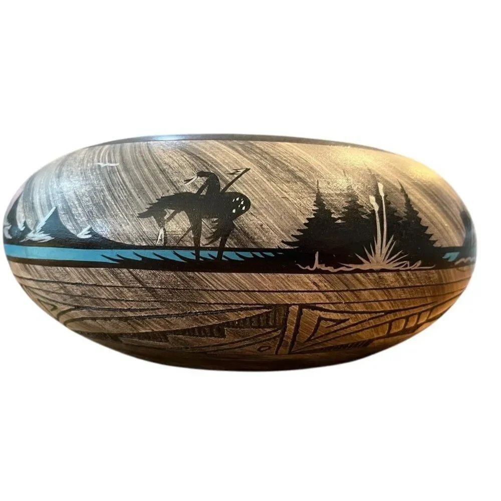 Navajo Pottery End Of The Trail Indian on Horse Mountains Black Turquoise Pot